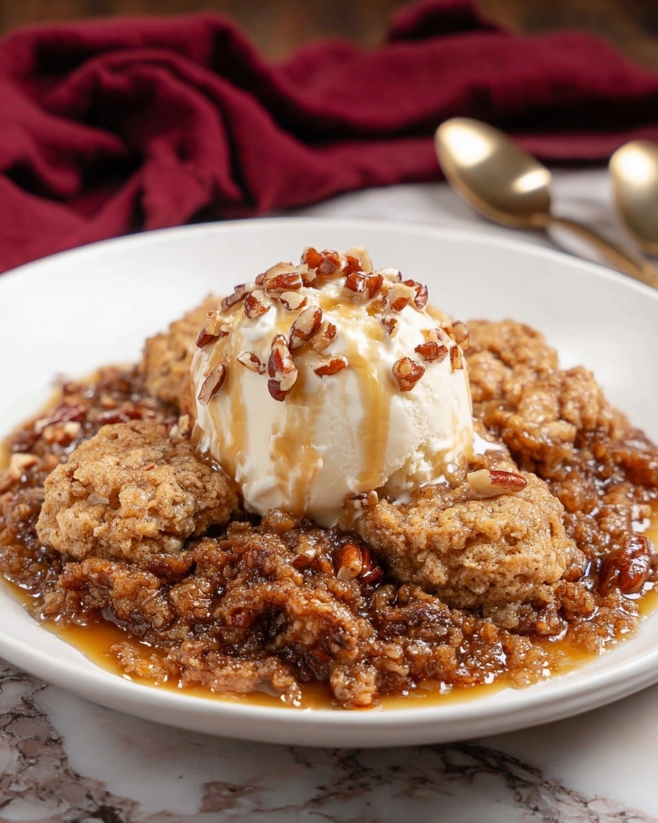 The image shows a white textured oval dish filled with a warm pecan dessert. It has one layer of golden-brown biscuit dough rounds on the top, arranged closely together with a fluffy and slightly crumbly texture. Below the biscuits, there is a sticky, shiny brown syrupy layer filled with whole and chopped pecans, which gives a rich and nutty feel. One biscuit on the right is partially removed, showing the gooey nut filling underneath. The dish sits on a dark red cloth on a wooden surface, with a small clear bowl of pecans in the background. photo taken with an iphone --ar 4:5 --v 7