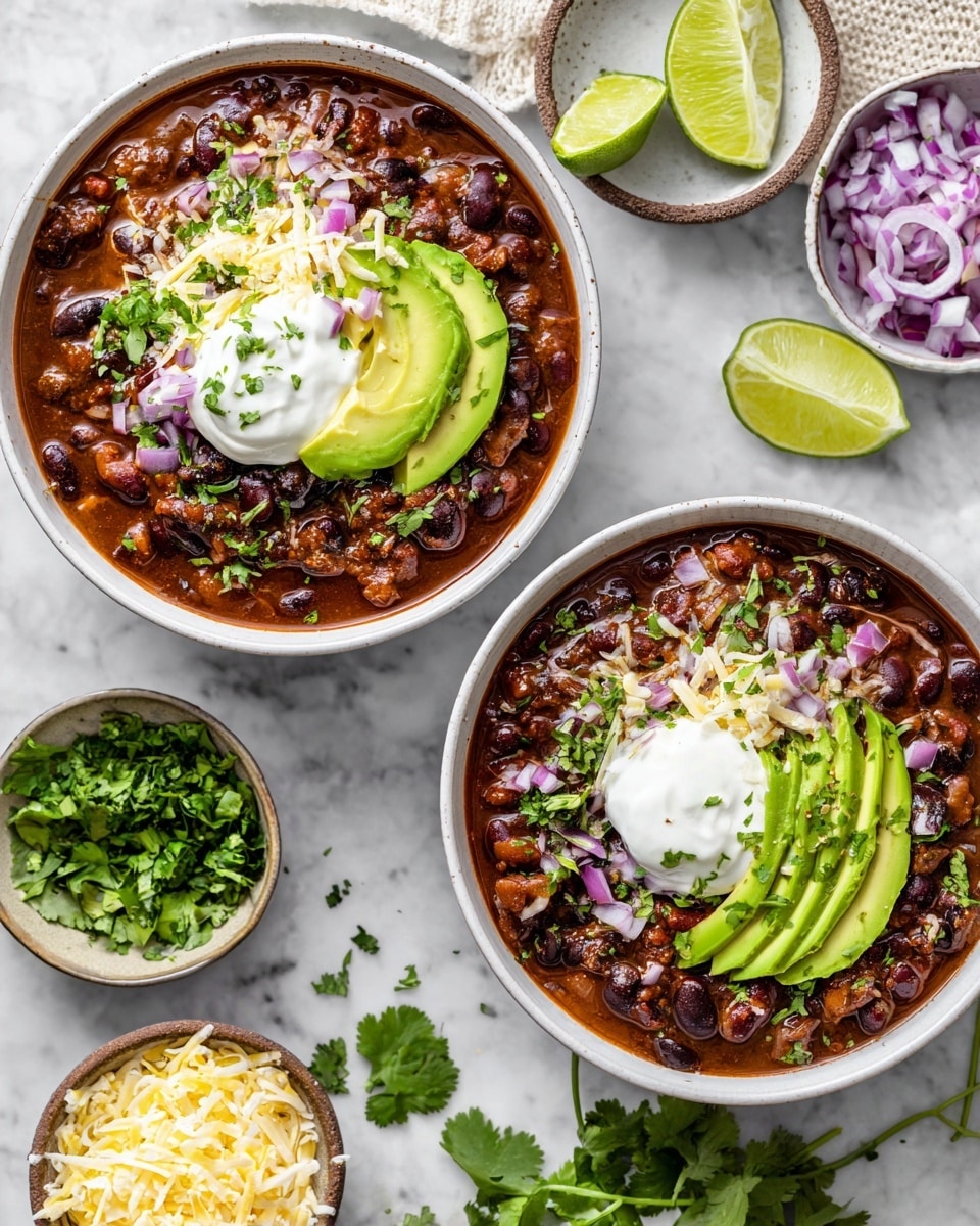 Two white bowls filled with rich, dark brown chili that has black beans and small chunks of meat. Each bowl is topped with a large dollop of white sour cream in the center. On the right side of each bowl are thin slices of green avocado, and shredded pale yellow cheese with small pieces of finely chopped purple onion and fresh green cilantro leaves sprinkled on top. The bowls are placed on a white marbled surface with small bowls of chopped cilantro, shredded cheese, and purple onion around them, along with lime wedges and scattered cilantro leaves. Photo taken with an iphone --ar 4:5 --v 7