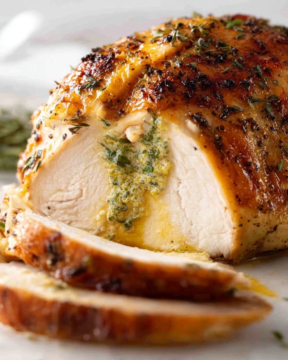 The image shows a close-up of a thick piece of roasted chicken with crispy golden-brown skin on top, speckled with black pepper and herbs. Inside, the chicken is white and juicy with a layer of green herb butter peeking between the skin and meat, some of which is melting and dripping down. In front of the main piece, there are a few thin slices of the same chicken on a white marbled surface. Photo taken with an iphone --ar 4:5 --v 7