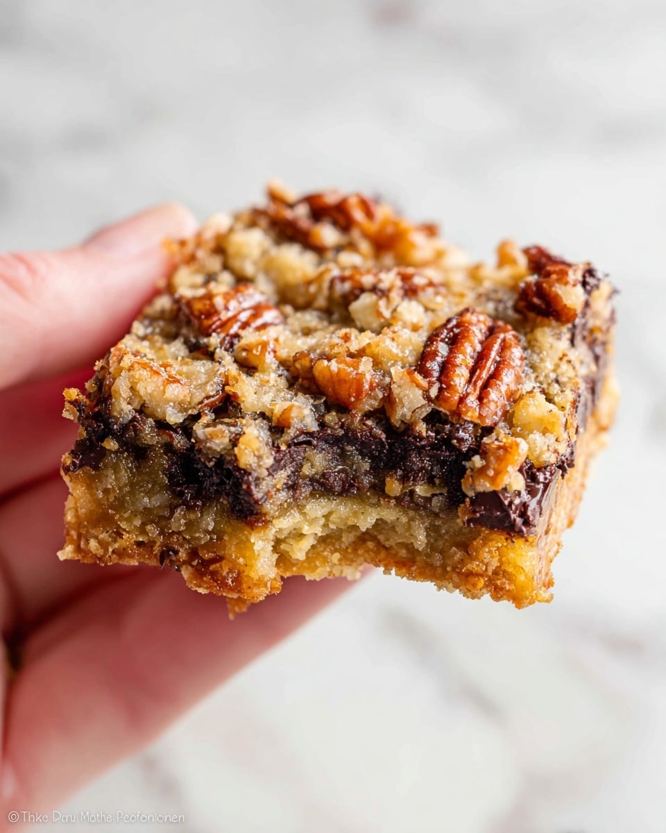 A close-up of a square dessert bar held by a woman's hand with a bite taken from one corner. The bar has three visible layers: the bottom layer is a light tan, crumbly crust; the middle layer is dark and gooey with melted chocolate chunks; the top layer is a golden-brown mix of crunchy chopped nuts, mostly pecans, mixed with bits of melted chocolate and caramelized sugar, creating a textured, shiny surface. The background is a white marbled texture. Photo taken with an iphone --ar 4:5 --v 7