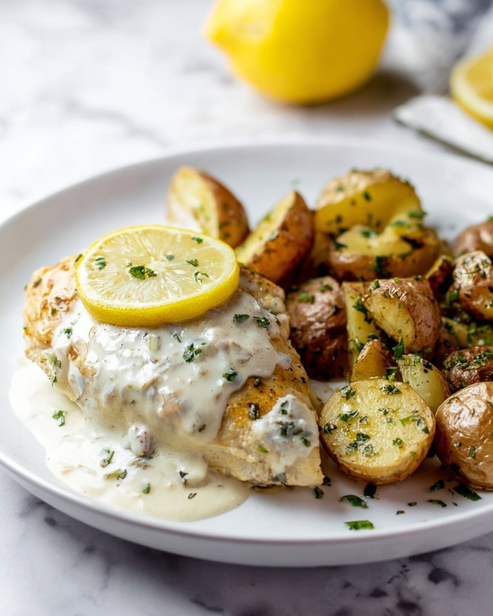 The image shows a white plate with two main parts: on the left, a single piece of cooked chicken with golden brown skin, covered in a creamy white sauce with small green herb bits, and garnished with a thin yellow lemon slice placed just above the chicken; on the right, a pile of roasted baby potatoes, halved and browned with a slightly crispy texture, speckled with green herbs. In the background, there is a blurred half lemon with a yellow color, all set on a white marbled surface. photo taken with an iphone --ar 4:5 --v 7
