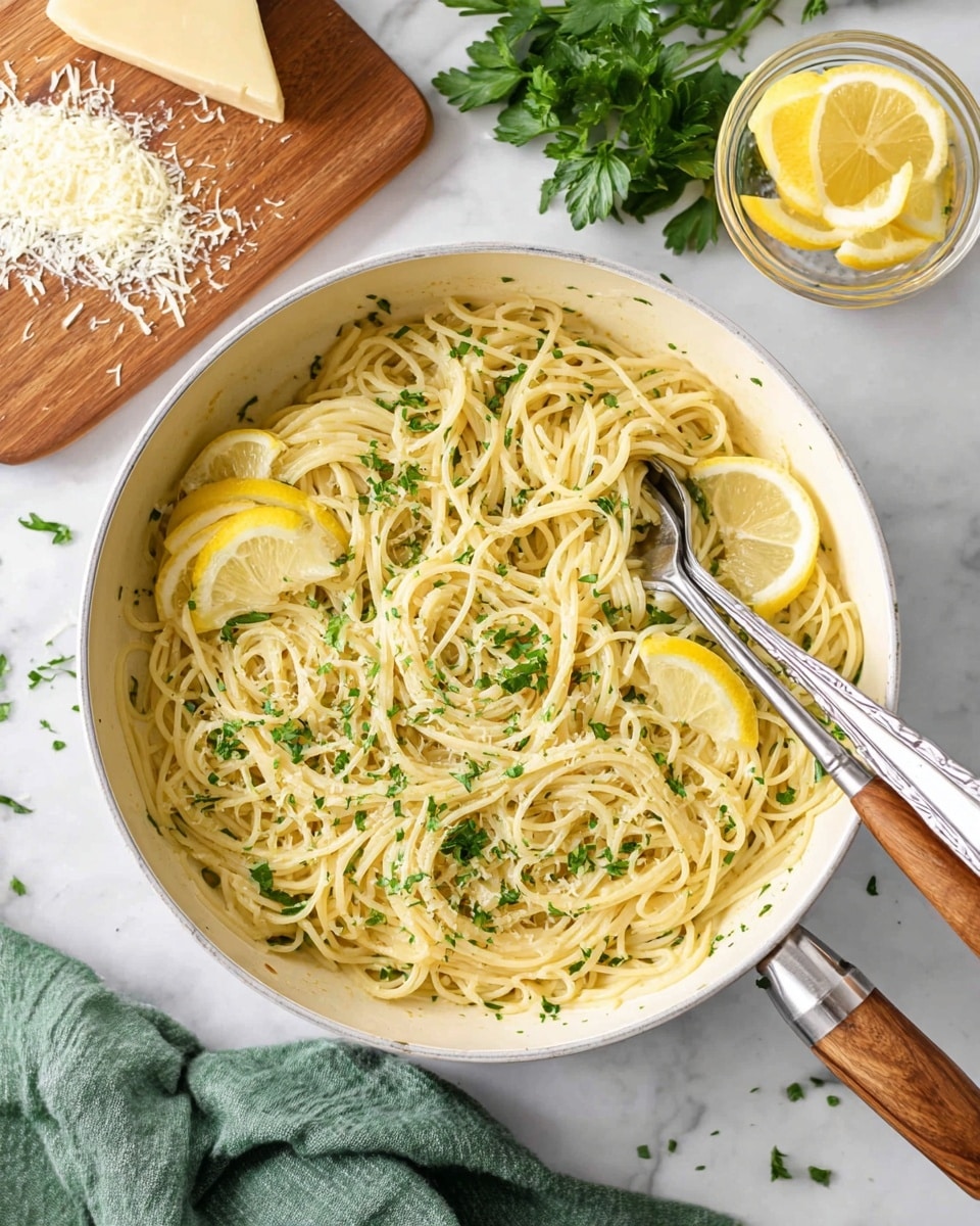 A white pan filled with thin spaghetti noodles coated in a light, creamy sauce, sprinkled evenly with chopped green parsley throughout. On top, there are three lemon wedges placed around the noodles, adding touches of bright yellow. A pair of silver serving utensils with wooden handles rests on the right side of the pan, slightly lifting some pasta. The pan sits on a white marbled surface, with a wooden cutting board on the top left holding a block of pale yellow cheese with some grated cheese around it. Nearby, fresh green parsley sprigs and a small clear bowl holding two lemon wedges add to the fresh, light feeling of the scene. A green cloth is draped at the bottom left corner. Photo taken with an iphone --ar 4:5 --v 7