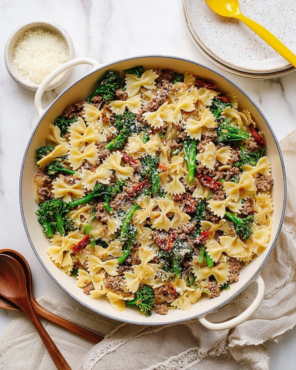 A large white pan filled with farfalle pasta, cooked ground meat scattered evenly, bright green broccolini pieces mixed throughout, and red sun-dried tomatoes adding color contrast. The pasta is sprinkled lightly with grated cheese, giving a fine textured white layer on top. Around the pan, a small white bowl with coarse white cheese holding a yellow spoon rests on a white marbled surface, accompanied by a beige cloth with two forks on it, and a second white speckled plate with a wooden spoon to the side. photo taken with an iphone --ar 4:5 --v 7