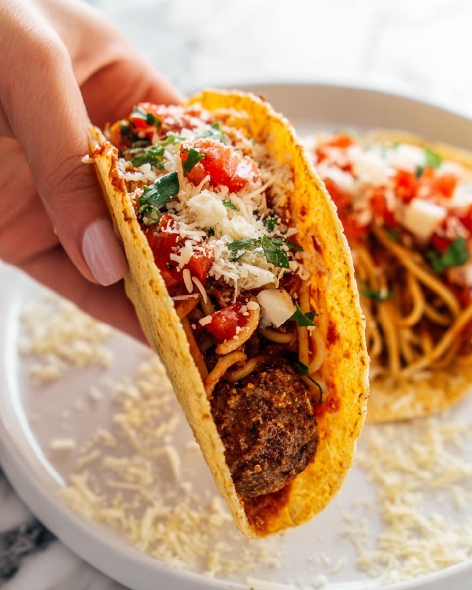 A close-up of a taco held by a woman's hand, showing one taco shell filled with layers consisting of a brown meatball at the bottom, thin spaghetti noodles mixed with red sauce and green herbs in the middle, and small pieces of white cheese and diced red tomatoes on top; the taco shell is yellow and slightly crispy. Next to it, on a white plate, is another taco shell filled with similar ingredients, with some grated cheese sprinkled around on the white marbled surface below. photo taken with an iphone --ar 4:5 --v 7
