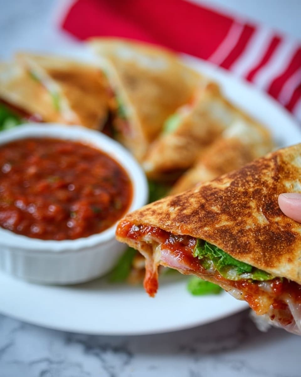 The image shows a close-up of a toasted quesadilla triangle held by a woman's hand, with a golden-brown crispy surface and some red salsa dripping from the tip. In the background, a white plate holds more quesadilla triangles with visible layers of green lettuce and pink filling inside the slightly browned tortillas. Next to the plate is a small white bowl filled with rich, chunky red salsa. The setting is on a white marbled surface with a blurred red and white cloth in the background. Photo taken with an iphone --ar 4:5 --v 7