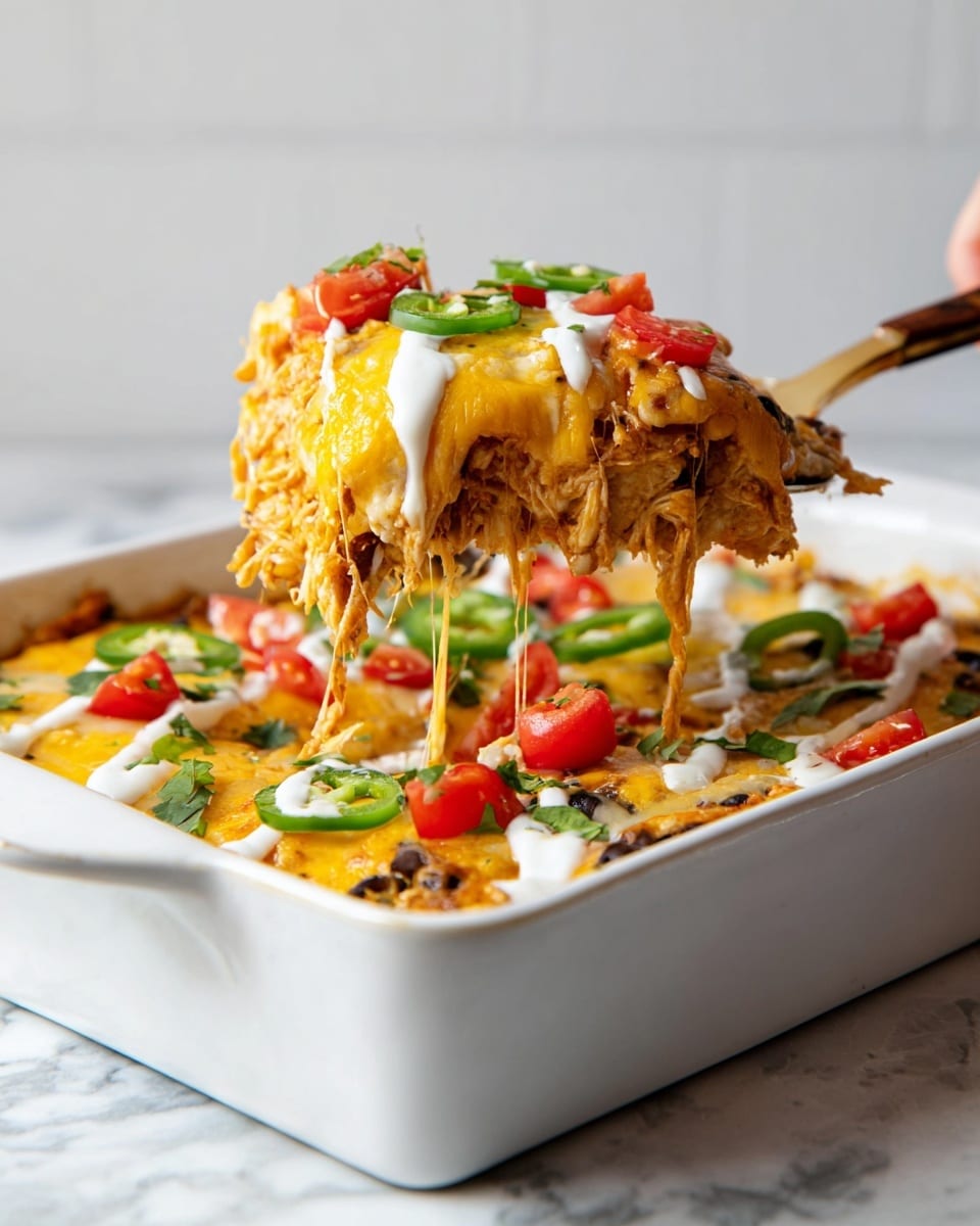 A white rectangular baking dish holds a layered cheesy casserole. The bottom layer is a soft, gooey mix of shredded chicken and sauce with bits of corn and black beans, topped by a thick, melted yellow cheese layer that blankets the surface. On top of the cheese are bright red tomato pieces and fresh green jalapeño slices scattered around, with white creamy sauce drizzled over everything in wavy lines. A woman’s hand lifts a portion with a spatula, pulling a long string of melted cheese stretching down. The dish sits on a white marbled surface with a pale wall background. photo taken with an iphone --ar 4:5 --v 7
