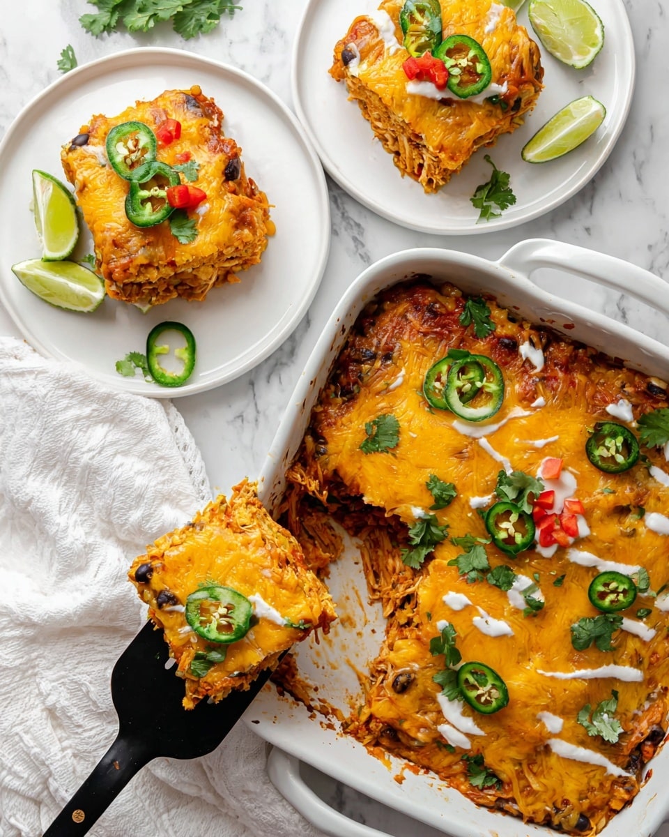 The dish is a baked casserole served in a white ceramic dish, with three thick square layers visible. The bottom layer is a mix of cooked corn, black beans, and red bell peppers, showing a soft, chunky texture in orange and yellow tones. The middle layer is shredded chicken with a moist, fibrous texture. The top layer is covered with melted bright yellow cheese, melted smoothly with streaks of white sauce drizzled over it. Fresh green jalapeño slices, small chopped red bell peppers, and green cilantro leaves are scattered on top. A spatula is lifting one piece from the casserole, showing the colorful layers inside. On white plates nearby, two squares of the casserole rest with lime wedges beside them, all placed on a white marbled surface. Photo taken with an iphone --ar 4:5 --v 7