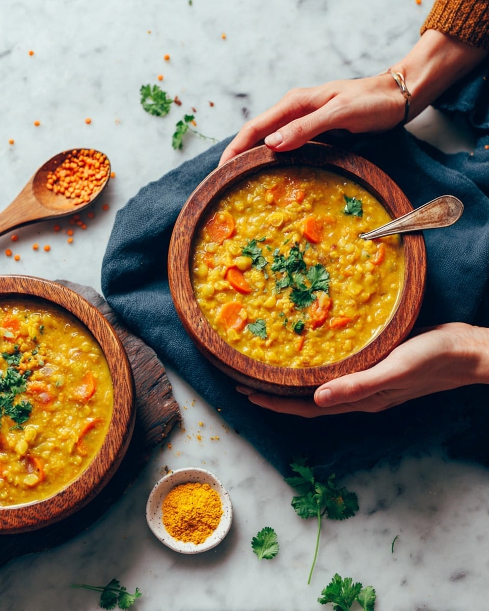 A close-up view of two wooden bowls filled with a thick, yellow-orange lentil soup with visible small lentils and slices of soft orange carrots throughout. Each bowl has fresh green coriander leaves on top for garnish. One bowl is held by a woman's hand while the other rests on a dark blue cloth, also showing a spoon inside. The white marbled surface beneath the bowls has scattered coriander leaves, loose lentils, and a small white dish of bright yellow spice with a wooden spoon next to it. Photo taken with an iphone --ar 4:5 --v 7