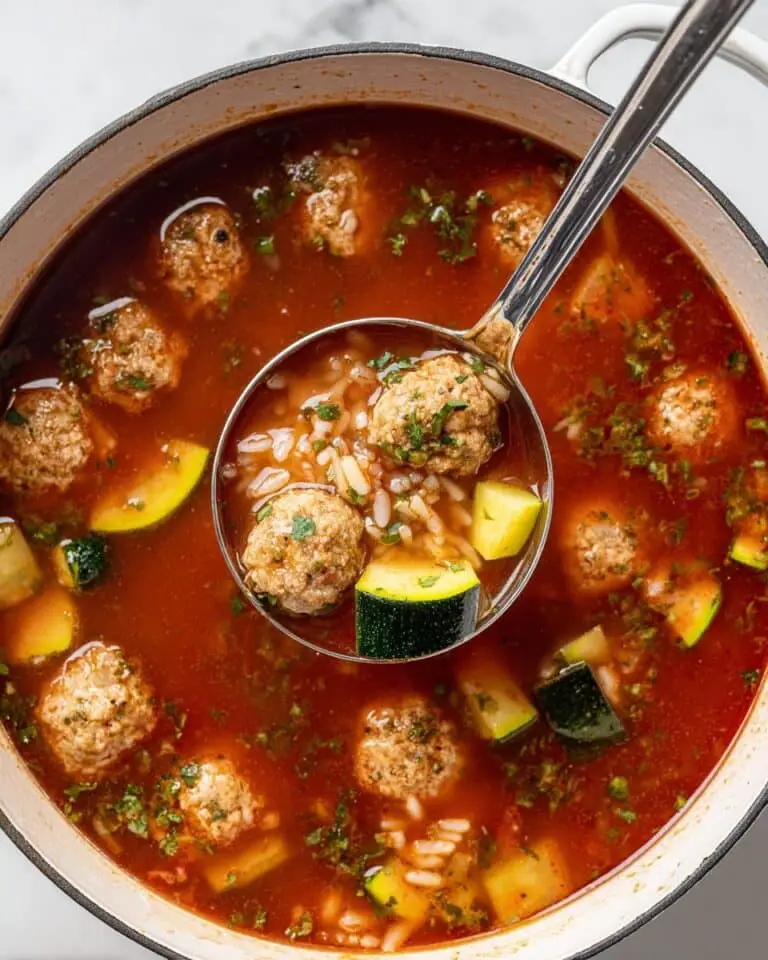 Meatball Soup with Roasted Red Peppers and Basil Recipe