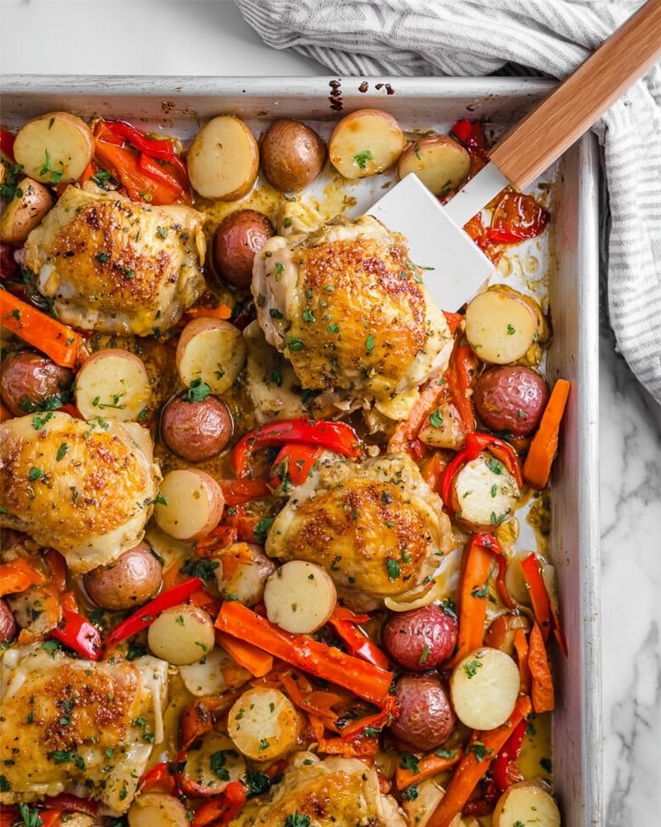The image shows a white baking tray filled with a colorful dish of roasted chicken thighs, halved small red potatoes, sliced carrots, and red bell pepper strips scattered all over. The chicken thighs have golden brown, crispy skin, sitting on top of the vegetables. The potatoes are soft with light brown edges, the carrots are bright orange in small round slices, and the pepper strips add a bright red color. Chopped green herbs are sprinkled on top for freshness. A white spatula with a wooden handle is lifting one chicken thigh from the tray. The tray rests on a white marbled surface. photo taken with an iphone --ar 4:5 --v 7