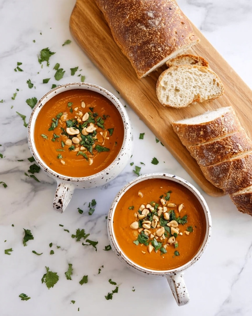 Two white speckled bowls with handles hold smooth, thick orange soup topped with chopped green herbs and small chunks of light tan nuts. One bowl is on a white marbled surface, surrounded by scattered green herbs, and the other bowl is on a light wooden board. On the wooden board, there is a long loaf of bread with a brown crust, sliced into several thick pieces. Next to the board, there is a broken piece of the loaf, showing a soft beige inside. The scene is bright and clean. photo taken with an iphone --ar 4:5 --v 7