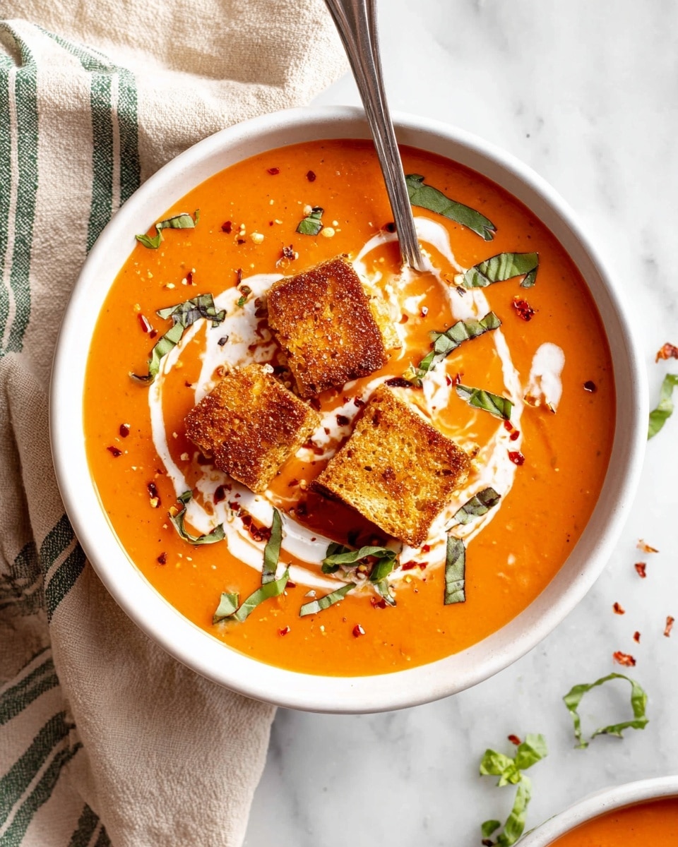 A white bowl filled with smooth orange tomato soup is shown from above. The soup has three square pieces of grilled cheese toast placed in the center, with the crispy golden-brown crust visible. There is a light swirl of white cream across the surface of the soup, and dark green chopped basil leaves are scattered on top along with some small red chili flakes. A silver spoon rests inside the bowl on the upper edge. The bowl sits on a white marbled surface next to a beige cloth with green stripes. Photo taken with an iphone --ar 4:5 --v 7
