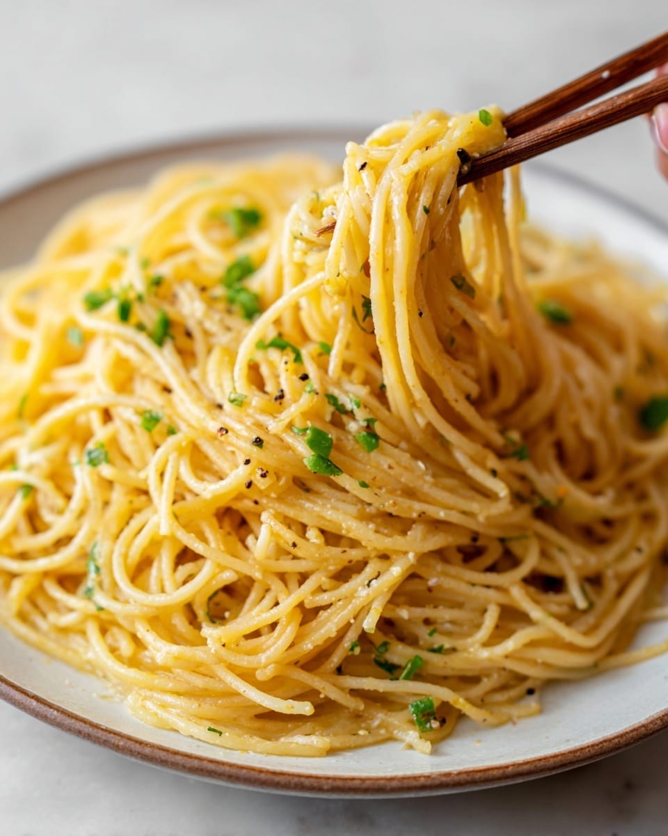 A close-up of a round plate filled with a large pile of light golden-yellow spaghetti strands pattered with small bits of green herbs and black pepper. A pair of wooden chopsticks held by a woman's hand lifts a small neat bundle of noodles from the right side of the plate, showing the noodles' smooth and slightly shiny texture with small herbs stuck on some strands. The plate rests on a white marbled surface. photo taken with an iphone --ar 4:5 --v 7