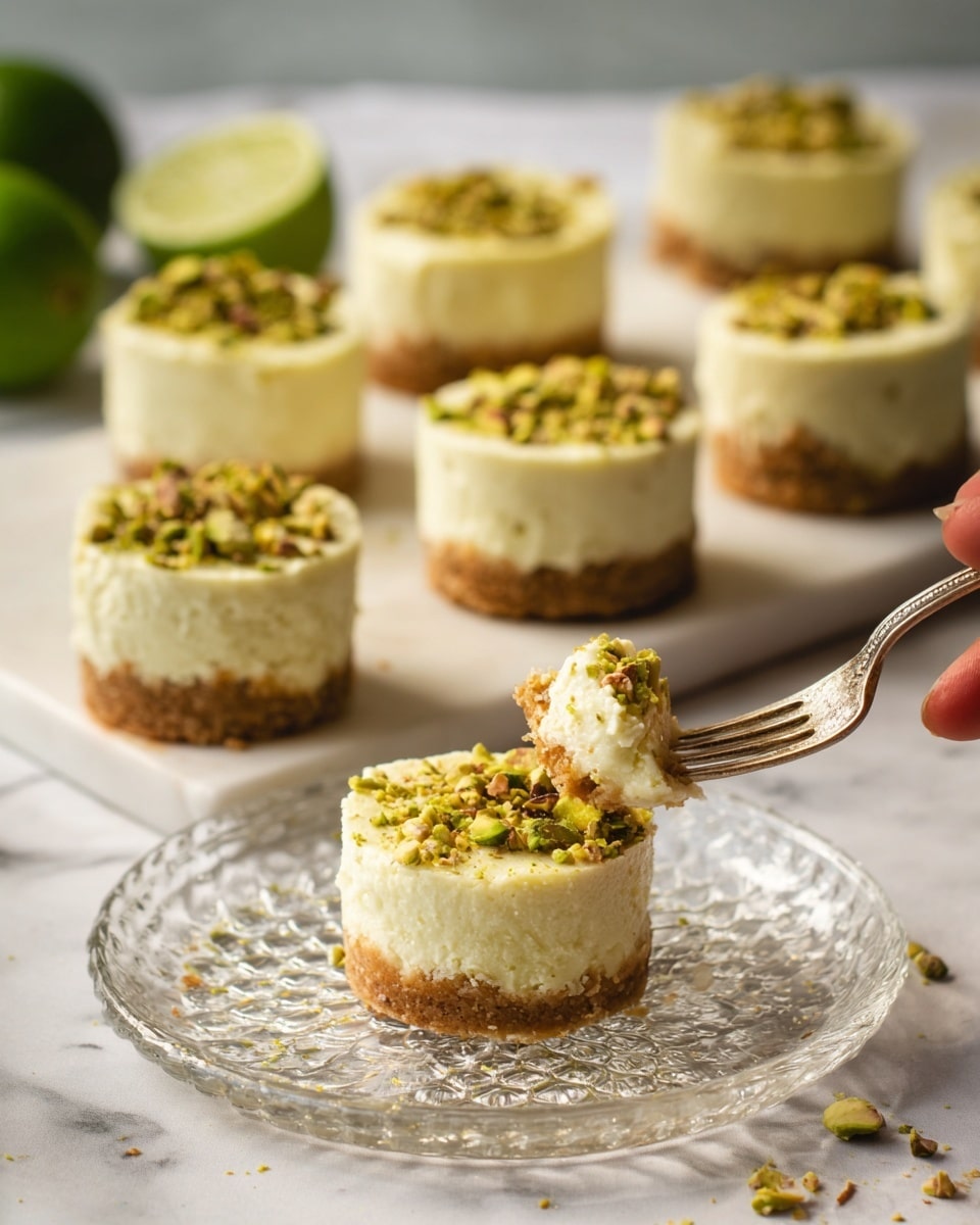 The image shows several small round mini cheesecakes with two visible layers: a thick light brown crumbly base and a thick pale yellow creamy top layer. Each cheesecake is topped with chopped pistachio nuts, adding a green and brown speckled texture. One cheesecake is placed on a clear glass plate with a textured pattern, and a woman’s hand holds a fork with a small bite of the dessert. In the background, more cheesecakes sit on a large white plate against a white marbled texture surface, accompanied by halved green limes. The lighting is soft and natural, highlighting the creamy texture and nutty topping. photo taken with an iphone --ar 4:5 --v 7