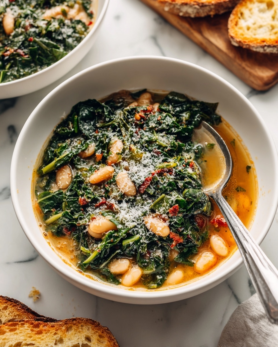 A white bowl filled with two main layers: the bottom layer is a light orange broth with visible white beans, and the top layer is a mix of dark green leafy vegetables, scattered small red bits, and grated pale cheese sprinkled over the beans and greens. A silver spoon is resting inside the bowl on the right side. The bowl sits on a white marbled surface, with part of a white bowl containing similar food and toasted bread slices on a wooden board nearby in the background. photo taken with an iphone --ar 4:5 --v 7