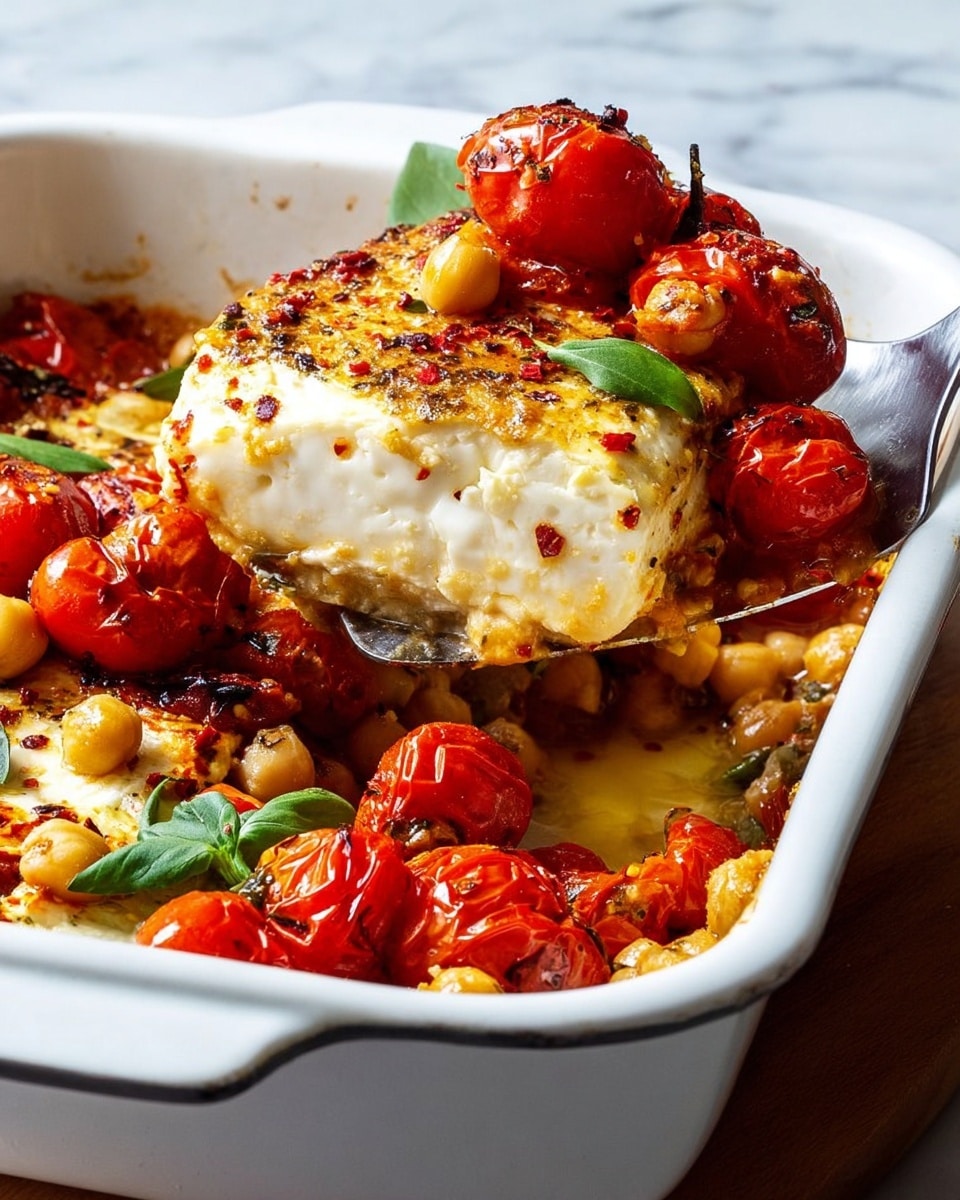 The image shows a white baking dish filled with a baked dish featuring layers of roasted cherry tomatoes, chickpeas, and a large piece of browned, soft cheese on top. The cheese is creamy white with a slightly golden, crispy surface sprinkled with black pepper and red chili flakes. The roasted cherry tomatoes are deep red with some parts charred, mixed with round, light beige chickpeas. Fresh green basil leaves are scattered throughout the dish. A silver spatula lifts a wedge of the cheese and some chickpeas with a single cherry tomato on top. The dish rests on a white marbled surface. Photo taken with an iphone --ar 4:5 --v 7