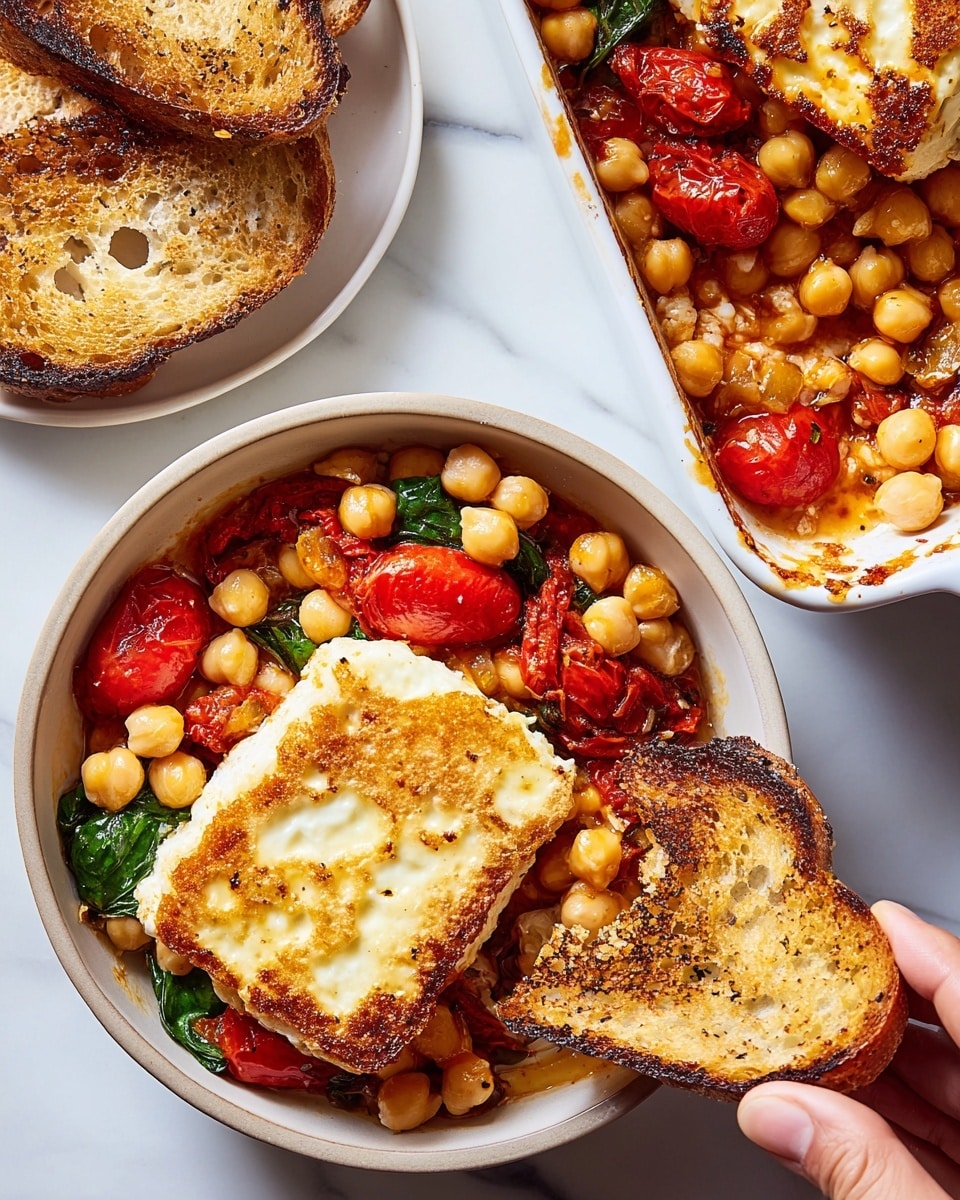 The image shows a white round bowl filled with a dish made of chickpeas, bright red roasted tomatoes, and green leafy spinach at the bottom. On top of these layers, there is a large piece of golden brown grilled cheese with a slightly melted and textured surface. Next to the bowl, there are pieces of toasted bread with a crispy, browned crust and soft white inside, placed directly on a white marbled surface. A woman's hand is dipping a piece of the toasted bread into a white rectangular baking dish that holds more chickpeas, tomatoes, and cheese. Photo taken with an iphone --ar 4:5 --v 7