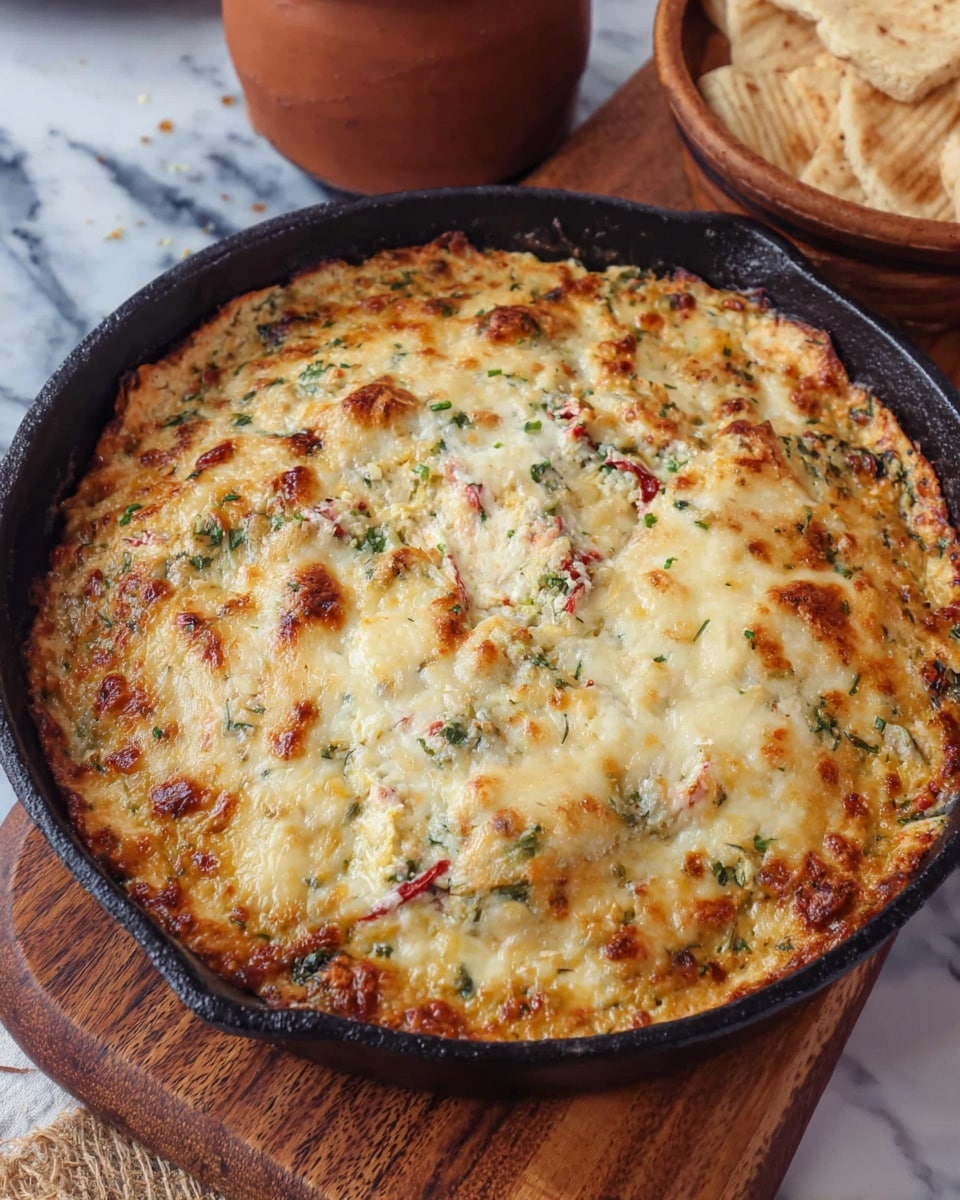 A round baked dish in a black cast iron skillet shows a thick top layer of melted cheese with golden brown spots and a slightly bubbly texture. Underneath, there are visible bits of green herbs and small pieces of red vegetables mixed in a creamy base, giving the dish a textured look. The skillet sits on a wooden board placed on a white marbled surface with a small brown ceramic container and some pita bread partially visible in the background. Photo taken with an iphone --ar 4:5 --v 7