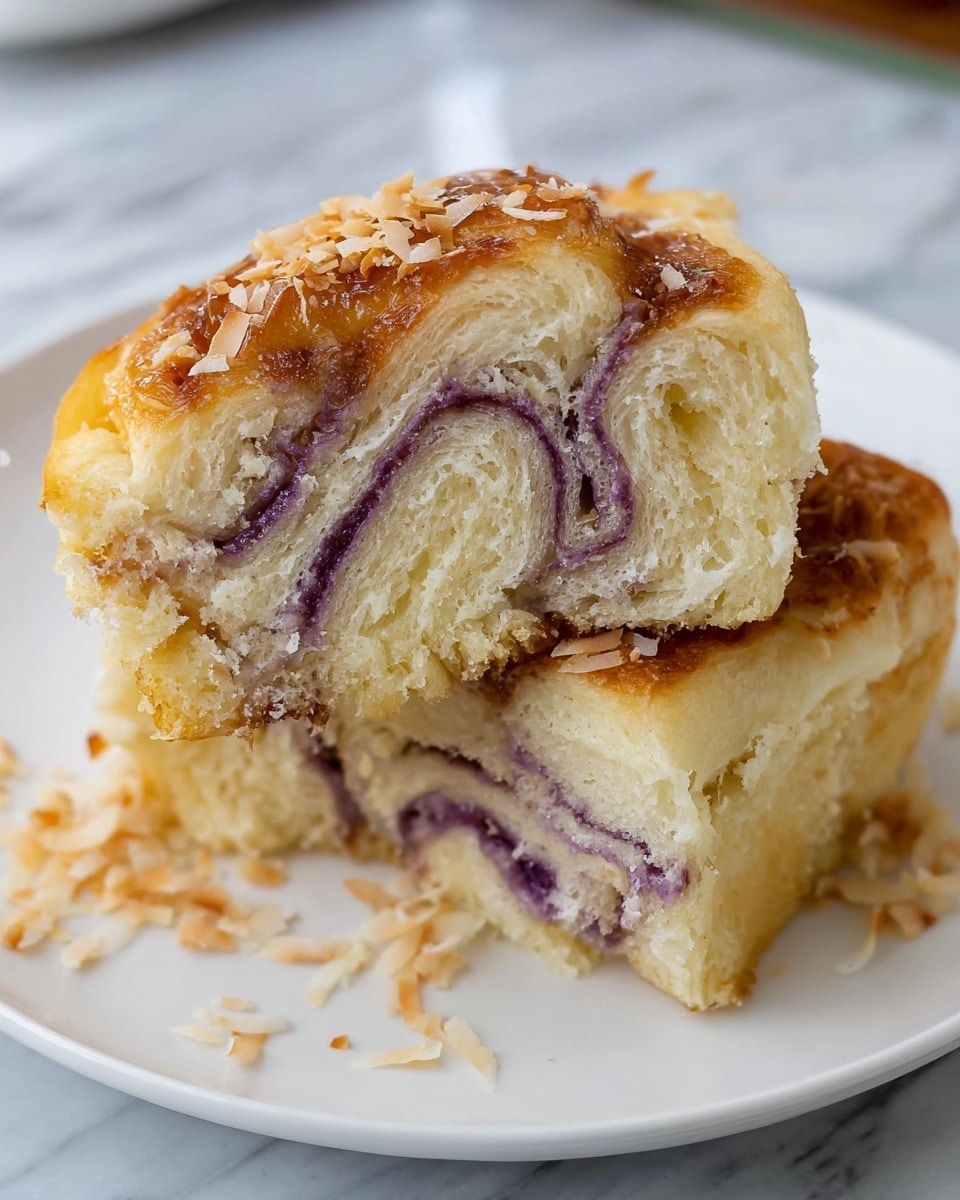 The image shows a close-up of two pieces of a soft bread roll with three visible layers of pale yellow dough, each separated by thin layers of purple filling swirled inside. The bread has a light golden brown top crust, with a slightly textured and fluffy inside. The rolls rest on a white plate with some toasted brown coconut flakes scattered at the bottom. The background features a white marbled surface. photo taken with an iphone --ar 4:5 --v 7