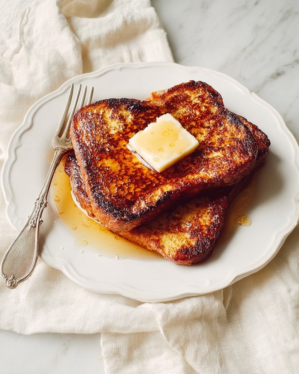 Two browned, slightly crispy French toast slices stacked on a white plate with a scalloped edge at the center. On top of the stack sits a square pat of melting pale yellow butter drizzled with golden maple syrup, which pools slightly around the base. To the left of the stack, there is an antique silver fork resting on the plate. The plate sits on a soft cream-colored cloth, all set on a white marbled surface. photo taken with an iphone --ar 4:5 --v 7