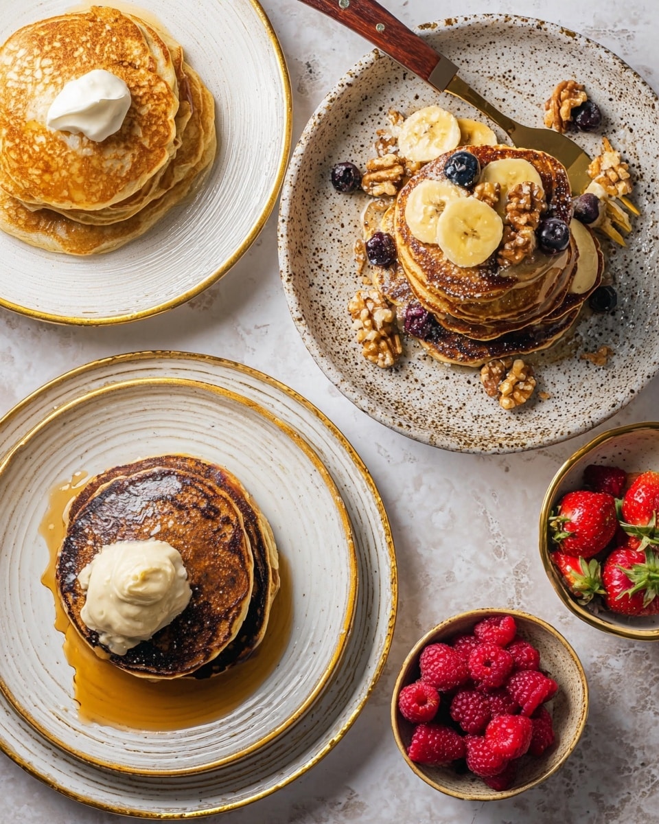 A stack of four thick dark brown pancakes sits centered on a white plate with a thin gold rim, placed on top of another larger white plate with the same rim. Each pancake is rich in texture, slightly uneven with some darker crispy edges. On top of the stack is a deep purple dollop of fruit compote with a creamy pale tan scoop of butter or fluff placed above it. Golden syrup is being poured over the top, drizzling down the sides of the pancakes and pooling on the plate below. In the background, a bowl of bright red raspberries and a wooden tray with more pancakes and a knife are visible, all set on a white marbled surface. Photo taken with an iphone --ar 4:5 --v 7