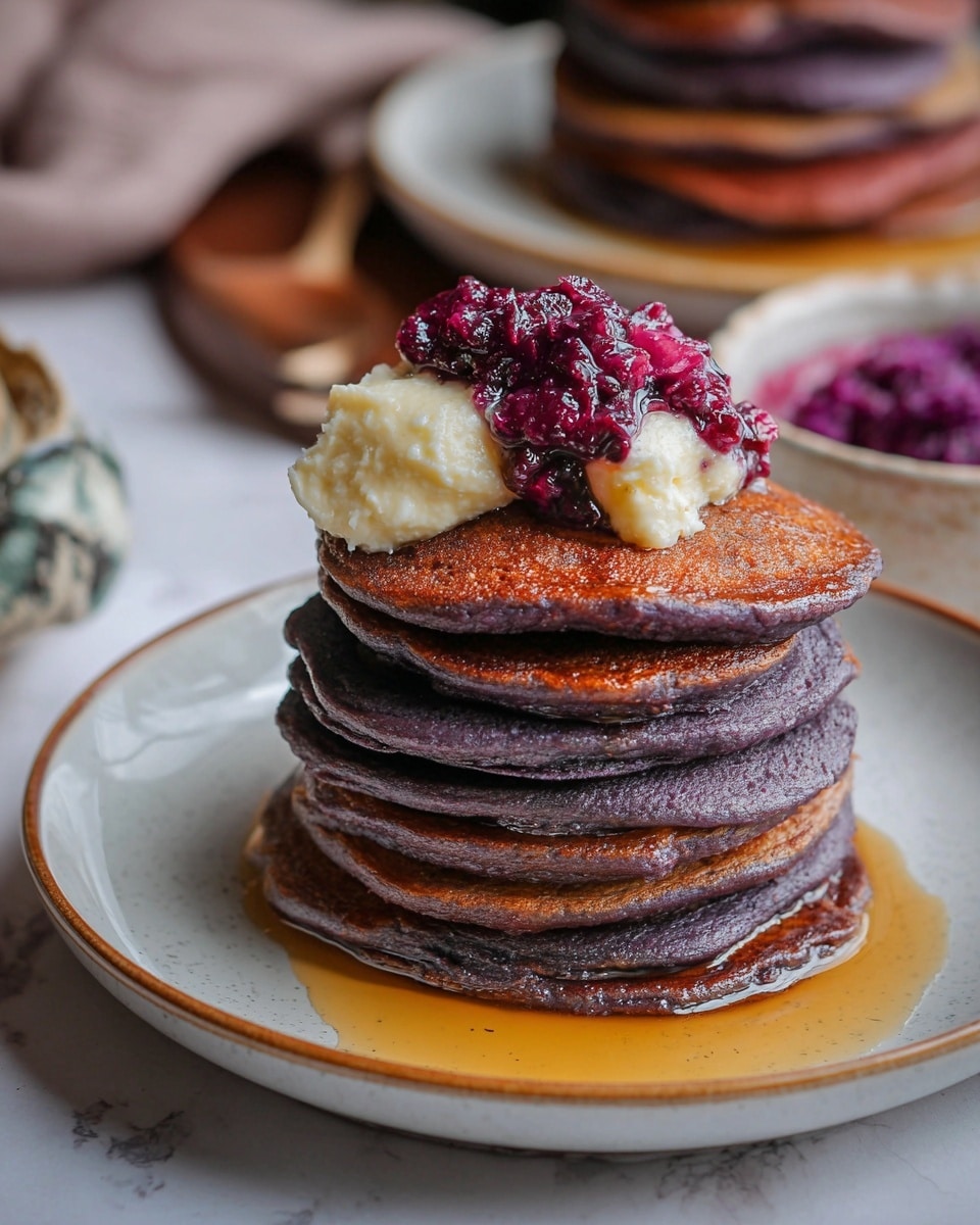 A stack of six purple pancakes sits on a white plate with a golden rim, surrounded by a pool of maple syrup. The pancakes show a slightly uneven texture with crispy, darker edges. On top of the stack, there is a dollop of thick cream and a heap of vibrant purple fruit compote. The background features a white marbled surface with blurred stacks of pancakes and a bowl of purple food in the distance. photo taken with an iphone --ar 4:5 --v 7