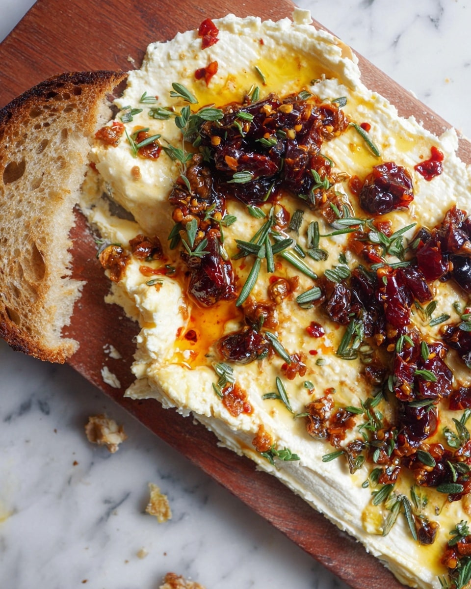 The image shows a wooden board topped with a creamy, white cheese spread that covers most of the surface. On top of the cheese, there are dark red and orange chili oil spots, small chunks of dried fruits or caramelized bits, and fresh green herbs like rosemary and thyme scattered evenly. A piece of brown toasted bread rests on the left side, partially dipped into the cheese spread, showing a soft inside texture. The background is a white marbled surface with a few crumbs and bits adding a casual, rustic look. Photo taken with an iphone --ar 4:5 --v 7