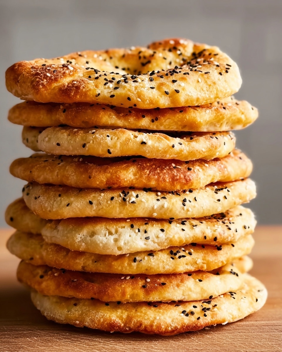 A stack of six golden brown flatbreads arranged unevenly on top of each other on a light brown surface, each flatbread showing a slightly bumpy, crispy texture with a sprinkle of white and black sesame seeds scattered on the top and sides. The flatbreads have a puffy appearance, with some spots darker than others, giving a fresh baked look. The background is softly blurred with a white marbled texture underneath. Photo taken with an iphone --ar 4:5 --v 7