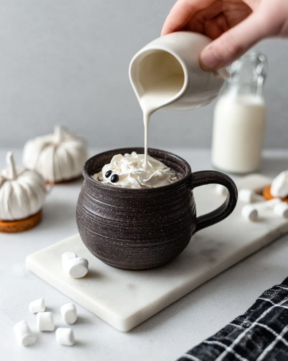 A dark brown round mug with a rough texture sits in the center, filled with white whipped cream layers visible inside. A woman's hand on the right side of the image is pouring white milk from a small white jug into the mug, the milk flowing smoothly onto the whipped cream. The mug rests on a rectangular white marble slab placed on a white marbled surface. Surrounding the mug are small white marshmallows scattered around, and there are two white dessert items wrapped with white string in the background. A bottle of milk is slightly blurred in the back, and a black and white checkered cloth is on the right side. Photo taken with an iphone --ar 4:5 --v 7