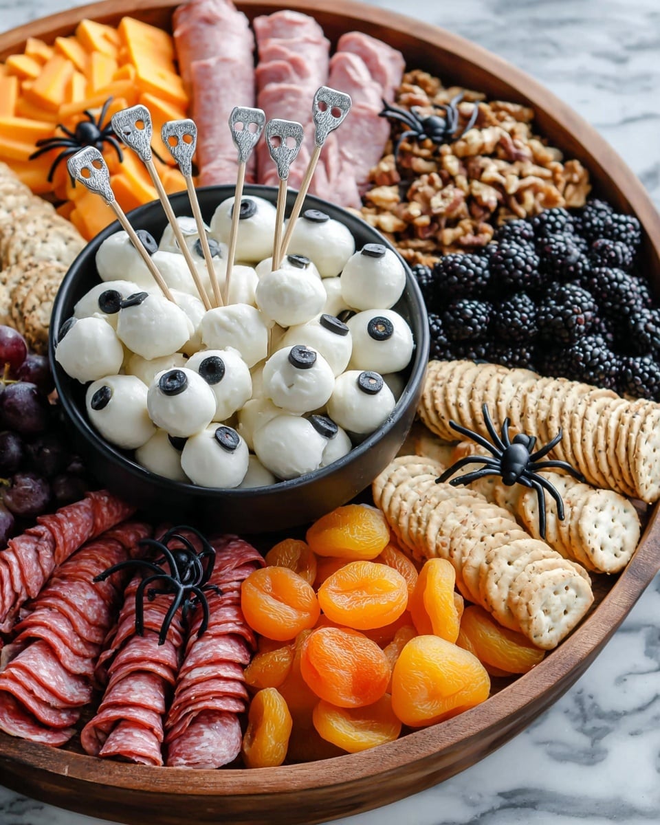 A round wooden tray holds a Halloween themed snack arrangement with layers of different foods. In the center, there is a black bowl filled with white mozzarella balls, each topped with a small black olive piece to look like eyes, with four silver bone-shaped picks sticking out. Around the bowl, there are rolled pink slices of ham, dark purple olives, light-colored crackers with seeds, neatly arranged in small stacks, and folded red slices of salami placed in a curved line. On one side, there are orange cheddar cheese slices with small cookie rings and black plastic spiders on top, fresh dark blackberries, golden-orange dried apricots, and groups of brown walnut halves filling gaps. The whole tray sits on a white marbled surface. photo taken with an iphone --ar 4:5 --v 7