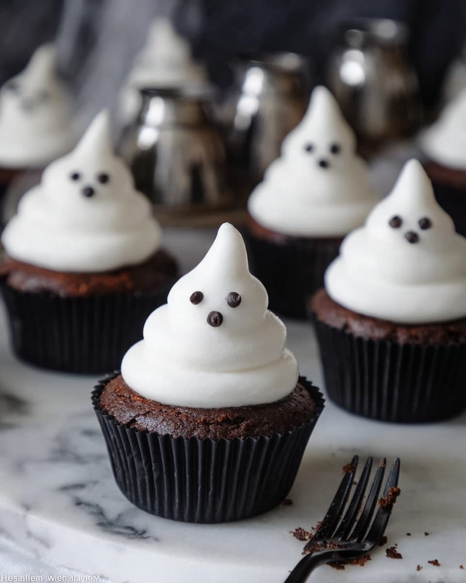 The image shows a group of chocolate cupcakes, each with a swirl of white frosting on top shaped like a ghost with a pointed tip. The frosting has three small dark chocolate spots to represent eyes and a mouth on each cupcake. The cupcakes are in black paper liners, placed on a white marbled surface. A black fork is seen near the closest cupcake, with some crumbs around it. In the background, there are more cupcakes and some metal measuring cups, slightly out of focus. photo taken with an iphone --ar 4:5 --v 7