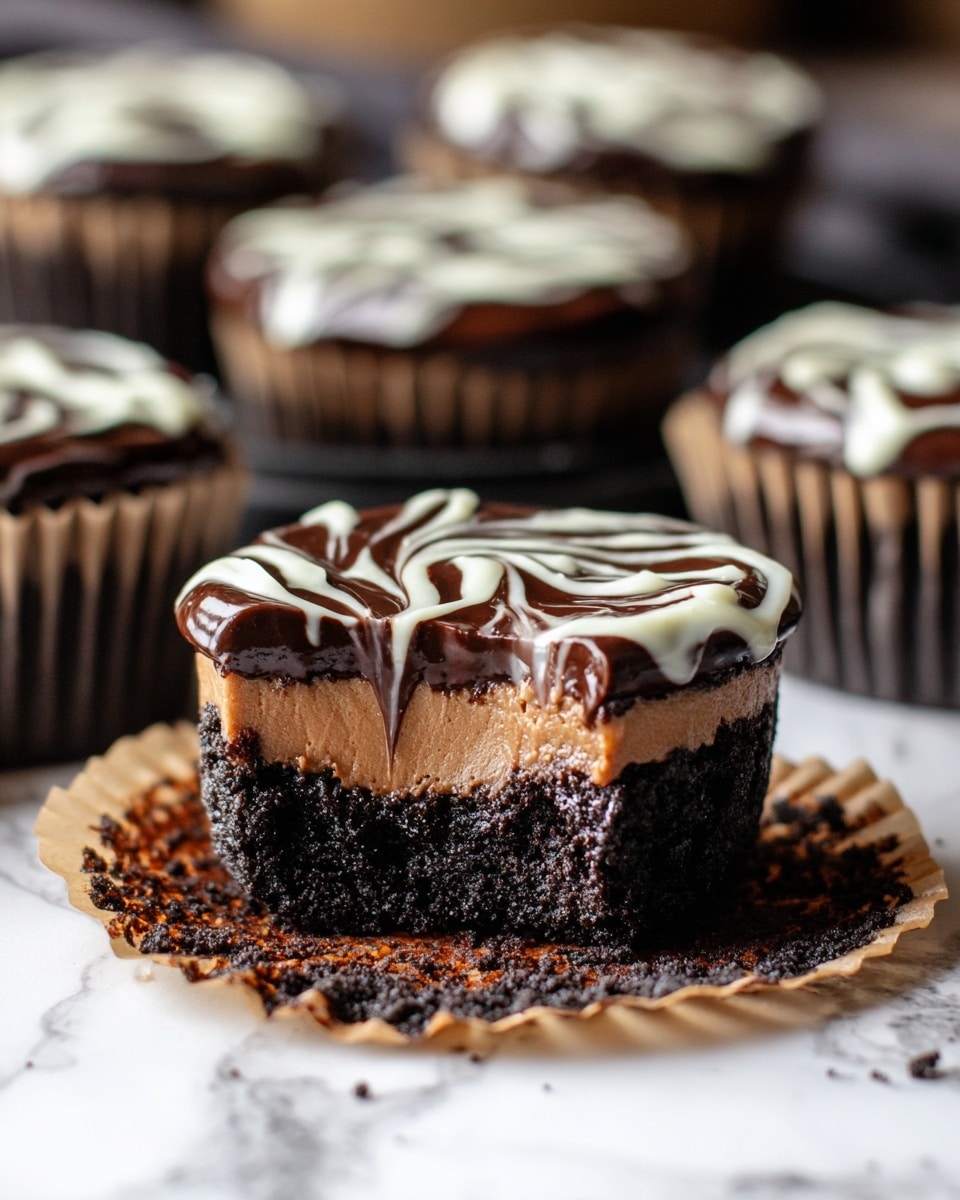 The image shows a chocolate cupcake with three layers visible: a dark, crumbly base layer that looks like crushed cookies, a thick middle layer of smooth, light brown chocolate filling, and a top layer of glossy dark chocolate topped with white chocolate swirls in a wavy pattern. The cupcake sits on brown paper, and behind it, there are several more similar cupcakes on a white marbled surface. The background is softly blurred, focusing on the detailed texture of the front cupcake. photo taken with an iphone --ar 4:5 --v 7