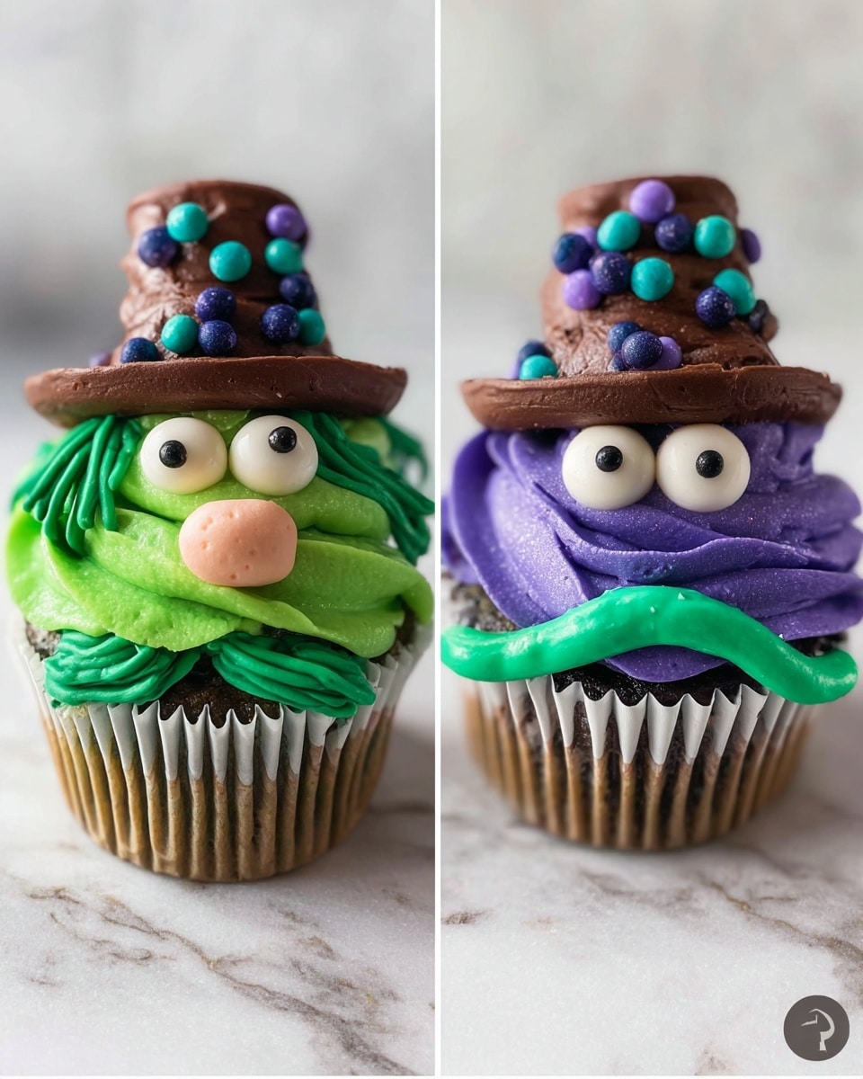 Two cupcakes are shown on a white marbled surface. The cupcake on the left has green frosting shaped like a face with raised swirled green lines for hair around the sides. It has two white eyes with black pupils and a pale pink nose with small colored spots. On top, a large brown chocolate hat decorated with small green, blue, black, and purple round sprinkles sits slightly tilted. The cupcake on the right has purple frosting shaped like a face with a swirled texture and dark green swirled icing around the sides for hair. It has two white eyes with black pupils and a light green oval nose. The same type of large brown chocolate hat with colorful round sprinkles sits on top. Both cupcakes are in white paper liners. photo taken with an iphone --ar 4:5 --v 7