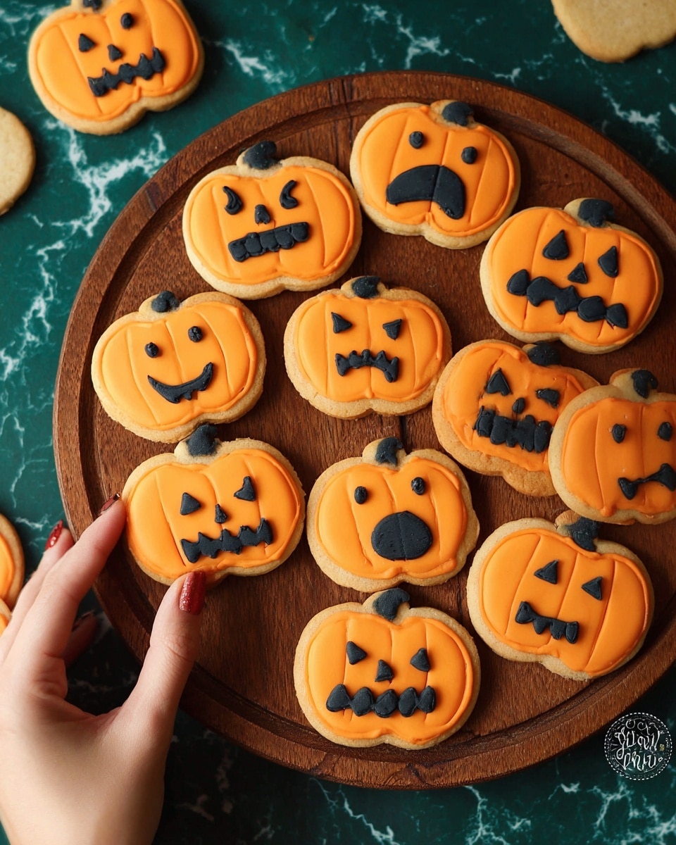 The image shows a round wooden board filled with pumpkin-shaped cookies decorated with smooth orange icing on top. Each cookie has a second layer of dark black icing creating different expressive faces with eyes and mouths, varying between happy, angry, and surprised looks. The cookies have a light golden-brown base with scalloped edges. Several more cookies are partially visible on a dark green surface with a white marbled texture in the background. A woman's hand is gently holding the edge of one cookie in the lower right corner. Photo taken with an iphone --ar 4:5 --v 7