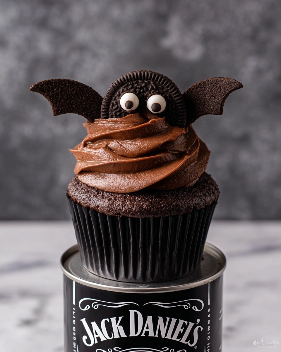 A dark chocolate cupcake wrapped in a black paper liner sits on top of a black Jack Daniel's tin. The cupcake is topped with a thick swirl of smooth, rich chocolate frosting. On the frosting, there is a small chocolate cookie with two white candy eyes, flanked by two half chocolate cookies on each side to look like bat wings. The background shows a soft gray, blurred texture, and the base surface is white marbled. photo taken with an iphone --ar 4:5 --v 7