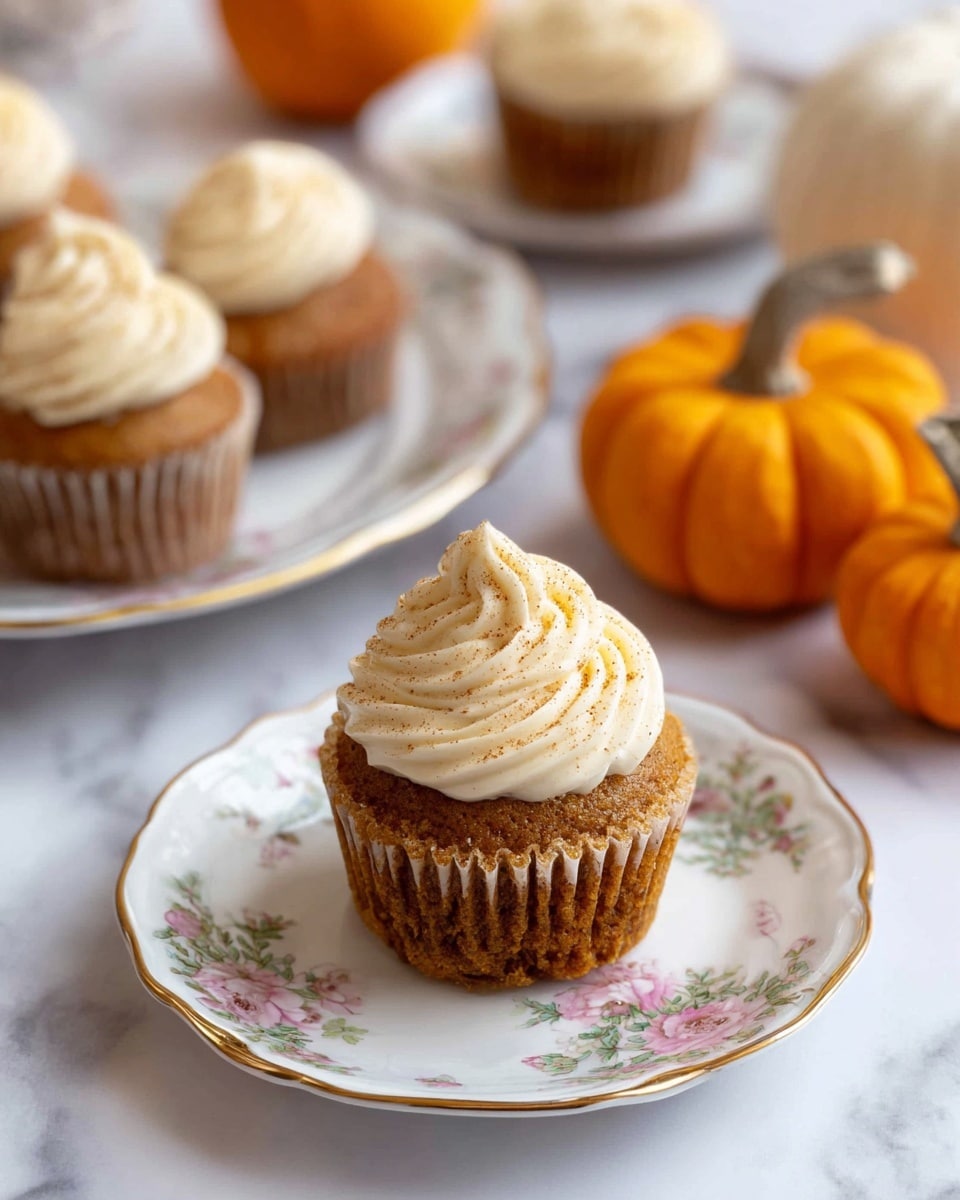A single brown cupcake is placed in a white paper liner that is slightly peeled back, sitting on a white plate with a gold rim. On top of the cupcake is a tall swirl of creamy white frosting with a smooth, soft texture, sprinkled lightly with fine brown powder. The plate rests on a white marbled surface, with more cupcakes blurred in the background and two orange pumpkins visible on the right side. The image is warm and cozy, with soft lighting highlighting the creamy frosting and textured cupcake. Photo taken with an iphone --ar 4:5 --v 7