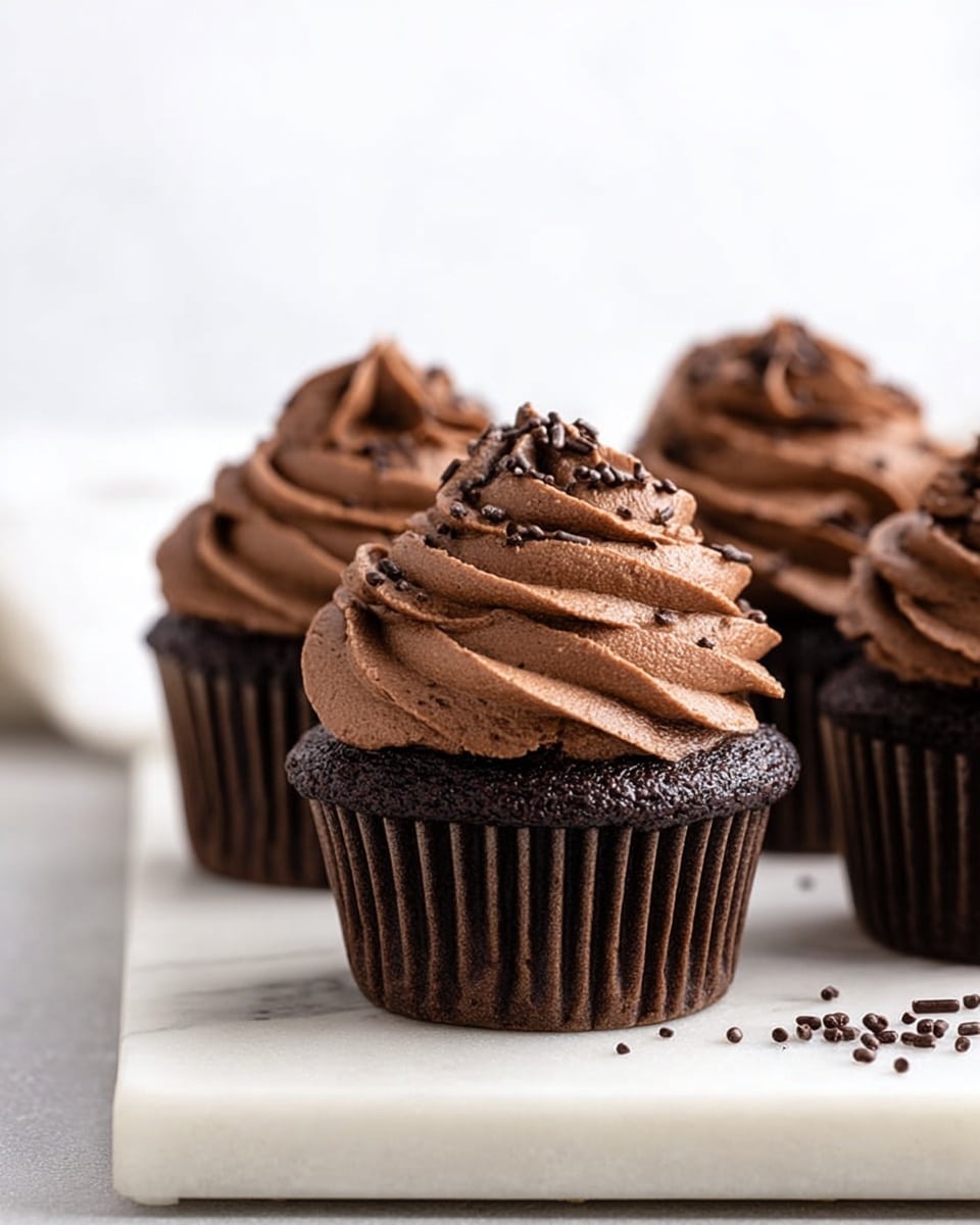 Six chocolate cupcakes with dark brown bases wrapped in dark brown ridged liners are arranged on a white rectangular board. Each cupcake is topped with a tall swirl of smooth, rich chocolate frosting with a slightly glossy texture and a few chocolate sprinkles around the base. The white marbled surface contrasts with the deep brown tones of the cupcakes, and soft natural light highlights the small ridges in the frosting. In the background, there is a blurred white cloth and a white bowl, adding to the clean bright setting. photo taken with an iphone --ar 4:5 --v 7
