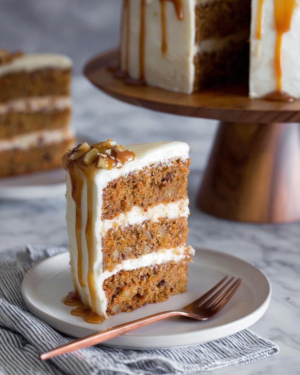 A slice of three-layer brown cake with visible bits inside each layer, separated by creamy white frosting and drizzled with a light caramel sauce in between. The top and sides of the slice are coated with the same smooth white frosting. The slice sits on a round wooden plate next to a gold fork, with autumn leaves and apple slices scattered around on a white marbled surface, alongside a white cloth with red stripes. Photo taken with an iphone --ar 4:5 --v 7