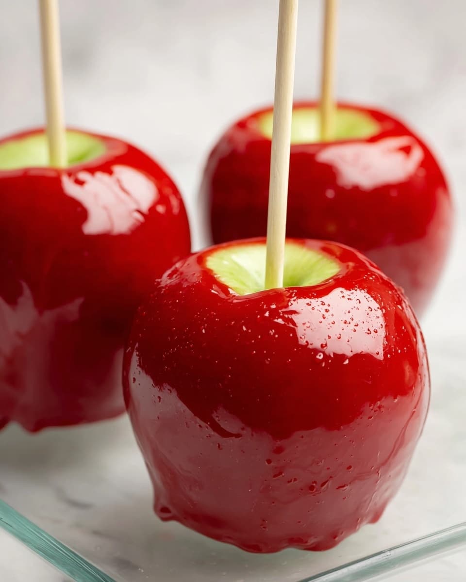 The image shows three red candy apples arranged on a clear glass surface with a white marbled background. Each apple has a shiny, smooth red candy coating covering most of the apple's bright green skin, leaving a ring of green exposed near the top around the wooden stick inserted vertically in the center. The candy coating is thick and glossy with small air bubbles and slight texture variations. The wooden sticks are light beige and straight, standing upright in each apple. The overall scene is clean, bright, and focused on the rich red and green colors of the candy apples. Photo taken with an iphone --ar 4:5 --v 7