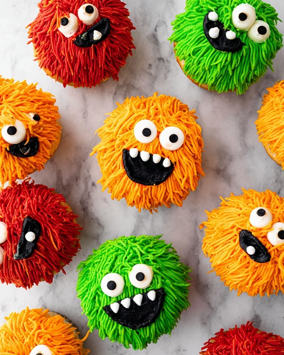 The image shows several colorful monster-themed cupcakes on a white marbled surface. The cupcakes have frosting shaped like fur in bright green, orange, and red colors, with thick textured strands covering the top. Each cupcake has large, round white eyes with black centers, placed in groups or pairs. The mouths are open and smiling, made with black frosting and white dots for teeth arranged along the edge, giving a fun and playful look. The cupcakes are placed randomly across the surface in close proximity. photo taken with an iphone --ar 4:5 --v 7