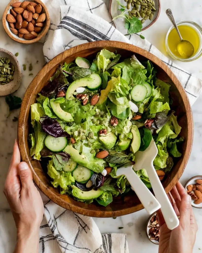 Simple Green Salad with Lemon Vinaigrette, Roasted Tamari Almonds, and Fresh Avocado Recipe
