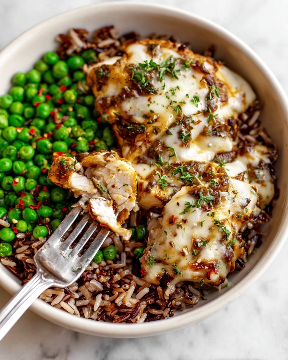 A white bowl filled with three layers: the bottom layer is a mix of brown and wild rice, the middle layer has bright green peas on one side and browned cooked onions on top of folded pieces of golden brown chicken covered with melted white cheese, sprinkled with chopped green herbs and small red chili flakes. A silver fork is placed in the dish, holding a piece of the chicken. The bowl sits on a white marbled surface. photo taken with an iphone --ar 4:5 --v 7