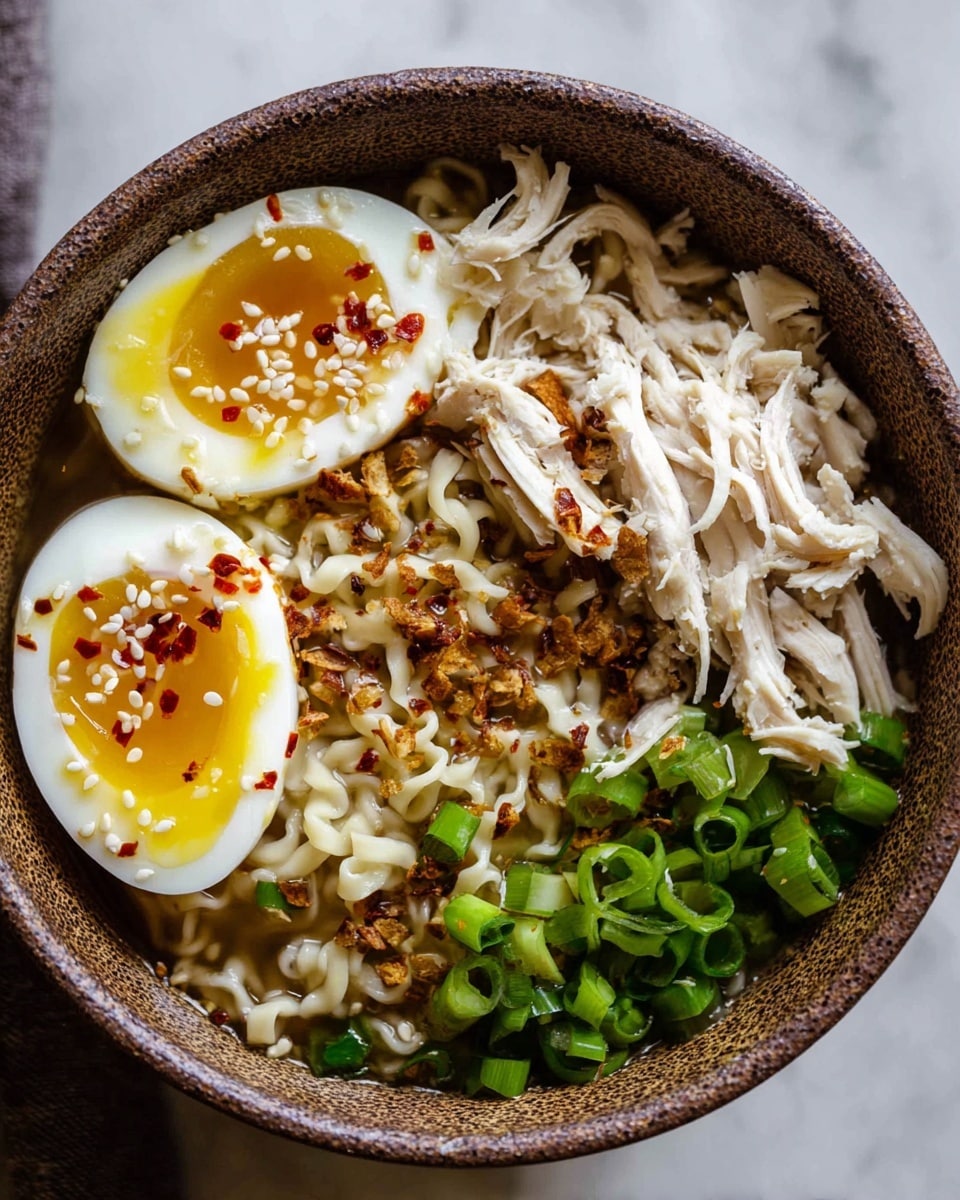 A close-up look at a deep bowl filled with a layered dish starting with wavy cooked noodles at the bottom, topped with shredded light-colored chicken on the right side, and chopped fresh bright green onions at the bottom. On the left side, there are two halves of a soft-boiled egg with a shiny, yellow, slightly runny yolk, sprinkled with white sesame seeds and red chili flakes. The whole dish is dotted with crunchy toasted bits and extra chili flakes, inside a textured brown bowl set on a white marbled surface. Photo taken with an iphone --ar 4:5 --v 7