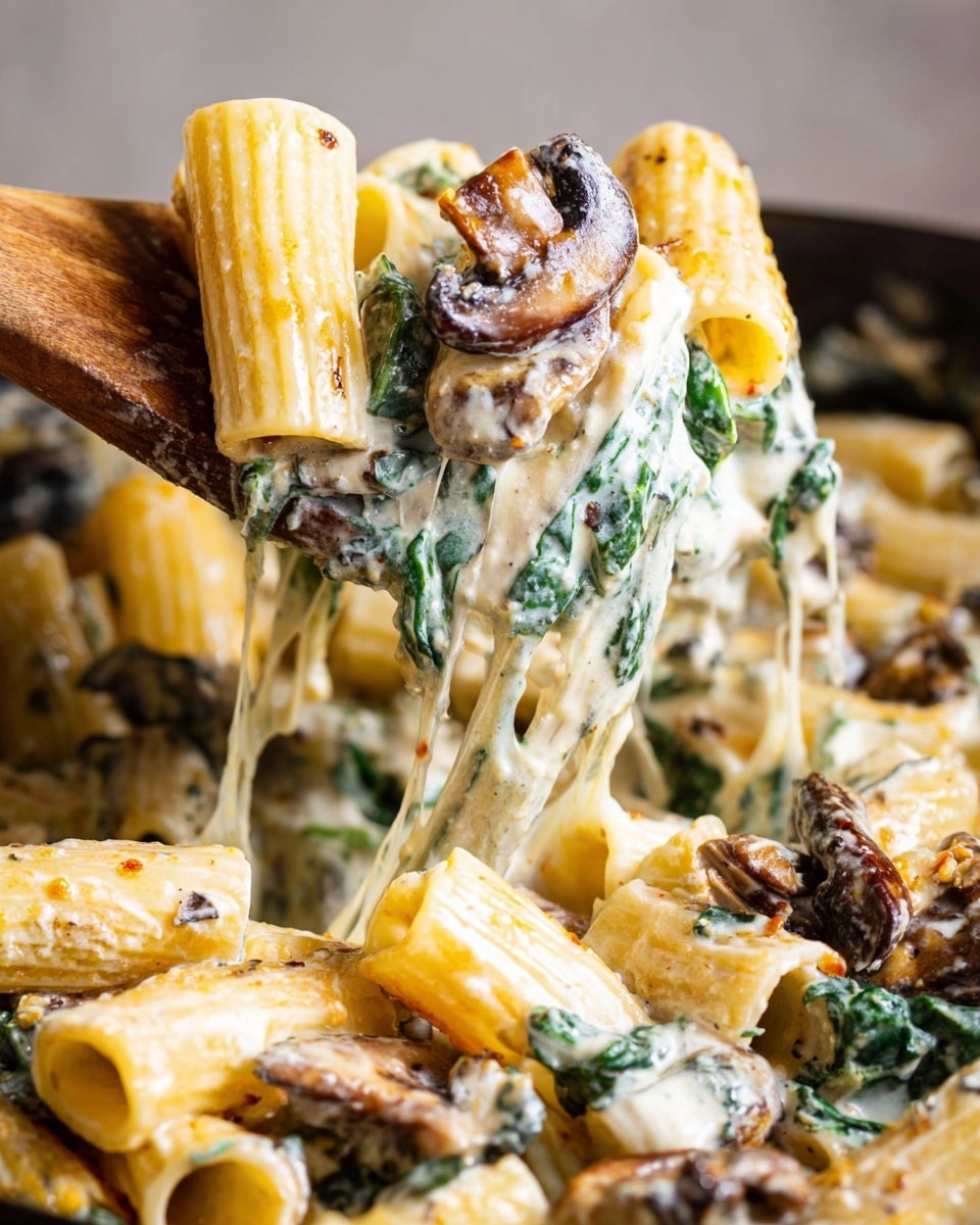A close-up view shows rigatoni pasta coated in a thick, creamy white sauce mixed with wilted dark green spinach and browned mushrooms. The rigatoni pieces are tubular with ridges, and the sauce clings smoothly, stretching slightly as a wooden spoon lifts a large scoop from a pan filled with the pasta. The mushrooms add a browned, slightly crispy texture, and the sauce looks rich and smooth with hints of melted cheese pulling softly. The white marbled surface is barely visible in the background. photo taken with an iphone --ar 4:5 --v 7