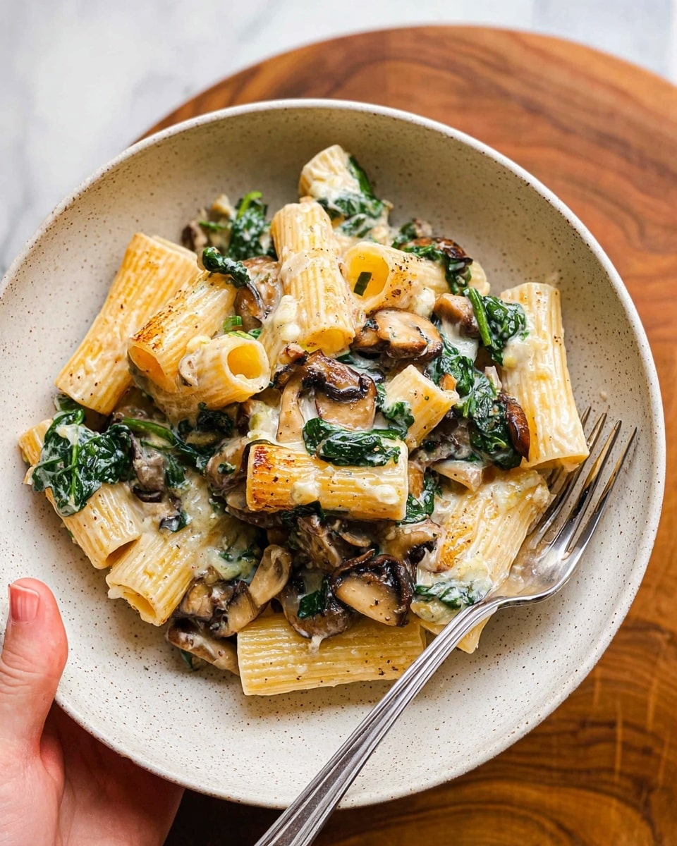 The dish shows a white speckled bowl filled with rigatoni pasta cooked in a creamy sauce, mixed with wilted green spinach and browned mushroom pieces scattered throughout. The rigatoni pasta has a golden-brown color with some parts slightly roasted, creating a textured look. The leafy spinach adds dark green patches, while the mushrooms provide small, irregular dark brown shapes. A silver fork is placed inside the bowl on the right side, and the bowl is held by a woman's hand against a wooden surface, with the whole setting on a white marbled texture. photo taken with an iphone --ar 4:5 --v 7