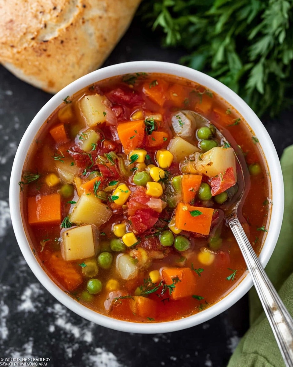 A white bowl filled with a colorful vegetable soup with three visible layers in the bowl: a clear red broth base with floating small orange carrot cubes, yellow corn kernels, green peas, and larger white potato chunks, topped with finely chopped green herbs sprinkled over the soup. Next to the bowl, there are two slices of light beige bread placed on a white marbled surface, alongside a silver spoon and a green cloth with some fresh herbs in the top right corner. Photo taken with an iphone --ar 4:5 --v 7