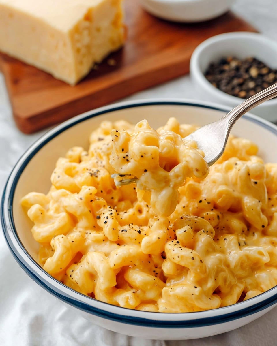 A close-up of a white bowl with a thin blue rim filled with creamy macaroni and cheese showing one layer of elbow-shaped pasta coated evenly in a smooth, shiny, light yellow cheese sauce; the pasta has a soft, slightly glossy texture and is topped with a sprinkle of black pepper for contrast. A silver fork rests on the side of the bowl against a white marbled surface with parts of another bowl of macaroni and cheese partly visible in the background. The lighting is bright and natural, highlighting the glossy sauce and slightly varied pasta shapes and textures. Photo taken with an iphone --ar 4:5 --v 7