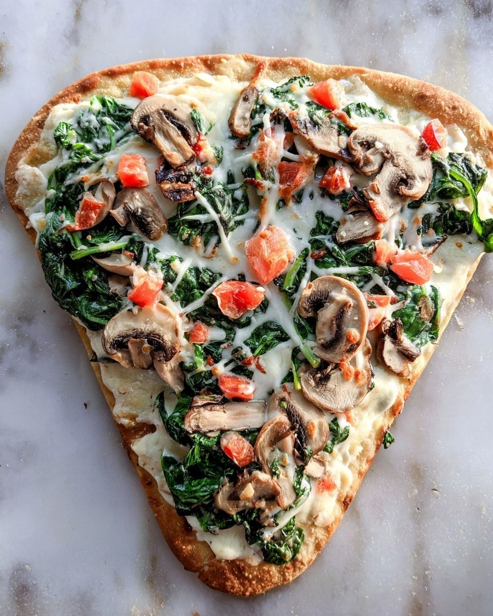 A triangular flatbread pizza with a golden brown crust forms the base layer. On top, a creamy white cheese sauce spreads evenly, covered by a layer of fresh green spinach leaves. Scattered across the spinach are sliced brown mushrooms and small pieces of diced red tomatoes. Melted white cheese is sprinkled on top, slightly browned in spots, adding a gooey texture that holds the toppings together. The whole pizza sits on a white marbled surface. photo taken with an iphone --ar 4:5 --v 7