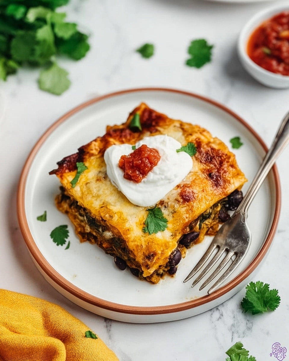 A white plate with a brown rim holds a single square piece of layered lasagna. The top layer is golden brown and slightly crispy with melted cheese, sprinkled with small green cilantro leaves. A dollop of white sour cream and a small amount of red salsa sit on top near the center. The lasagna layers below show visible green leafy vegetables and dark beans mixed with creamy cheese layers. A silver fork rests on the left side of the plate. The plate is on a white marbled surface with some scattered cilantro leaves and a yellow cloth nearby. Photo taken with an iphone --ar 4:5 --v 7