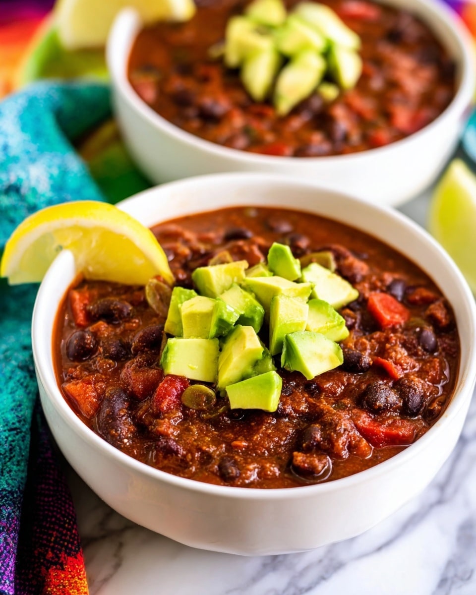 A white bowl filled with thick chili, showing a rich reddish-brown sauce with visible chunks of beans, green bell peppers, and small pieces of carrot. On top of the chili, there are neatly arranged green avocado cubes in the center, and a lime wedge is placed on the rim of the bowl. The bowl is set on a white marbled surface with a bright yellow and blue cloth partially visible around it. The overall look is warm and colorful, with a mix of smooth and chunky textures. photo taken with an iphone --ar 4:5 --v 7